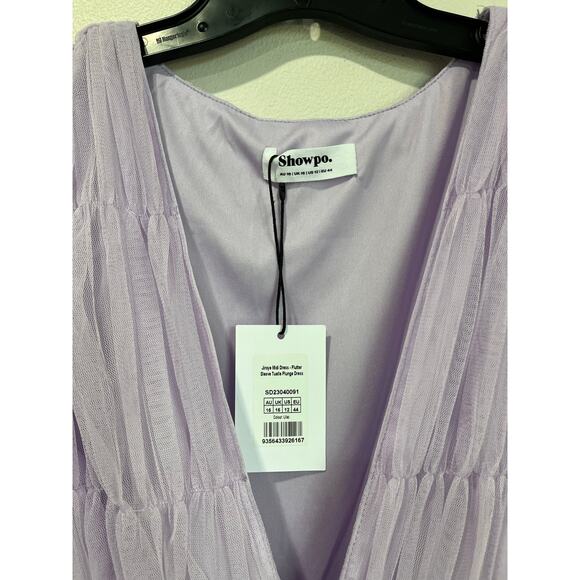 Showpo Jiraye Midi Dress Flutter Sleeve Tulle Plunge Lilac Sz 12 NWT - Picture 4 of 12